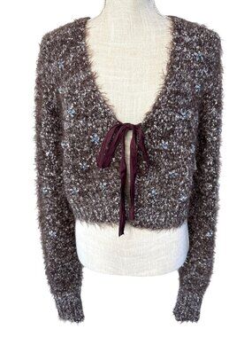 NWT Free People Brown Fuzzy Knit Floral Embellished Cardigan W/Satin Tie Front M